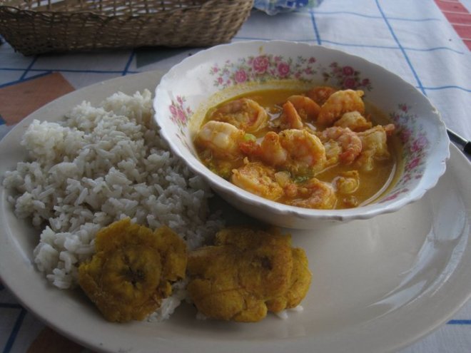 A typical meal of shrimp Encocado in Monpiche, Ecuador