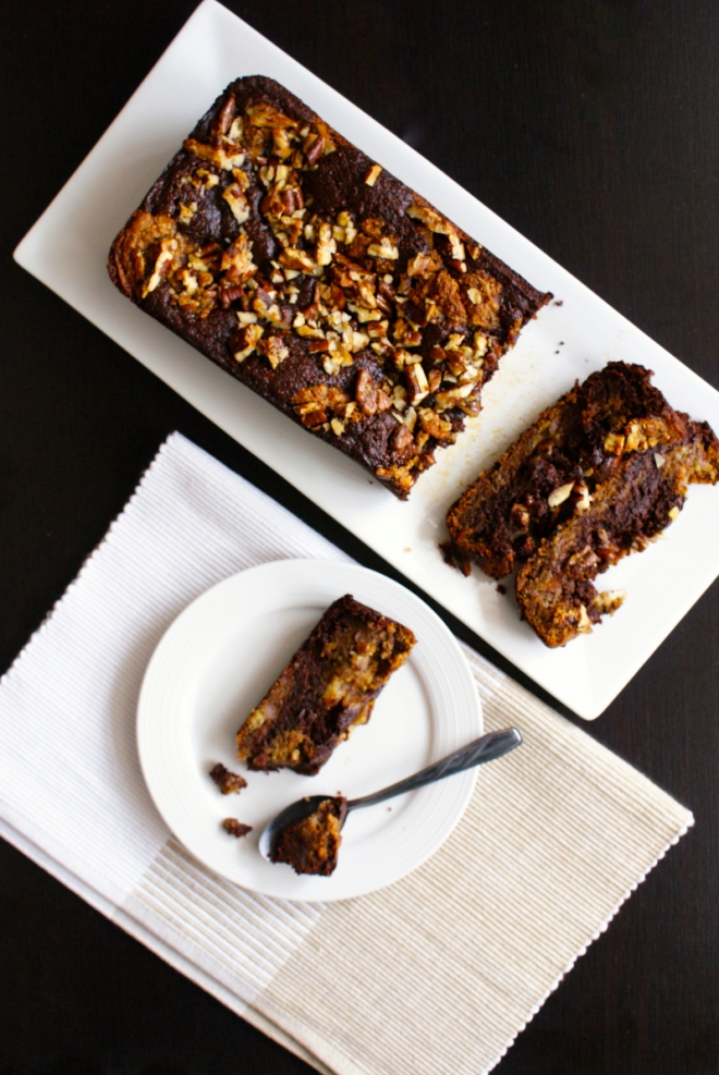 Decadent, Fudgy, Chocolate Swirl Banana Bread with Pecan Streusel by My Little Jar of Spices